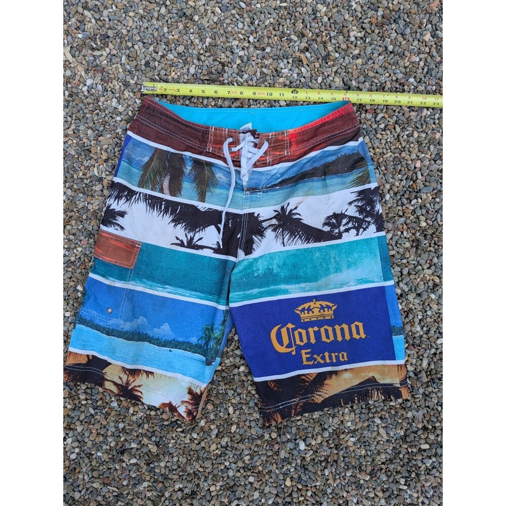 Corona Extra Board Shorts Size 34 Blue Red Colorblock Palm Tree Ocean